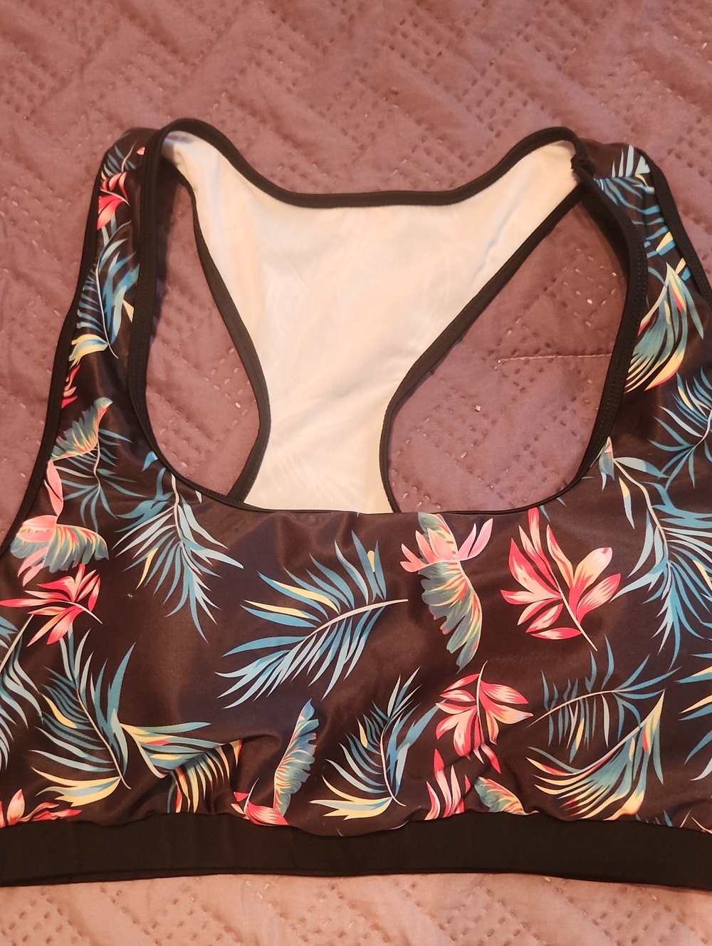Tropical Print Racerback Sports Bra - Black Base with Pink & Teal Leaves